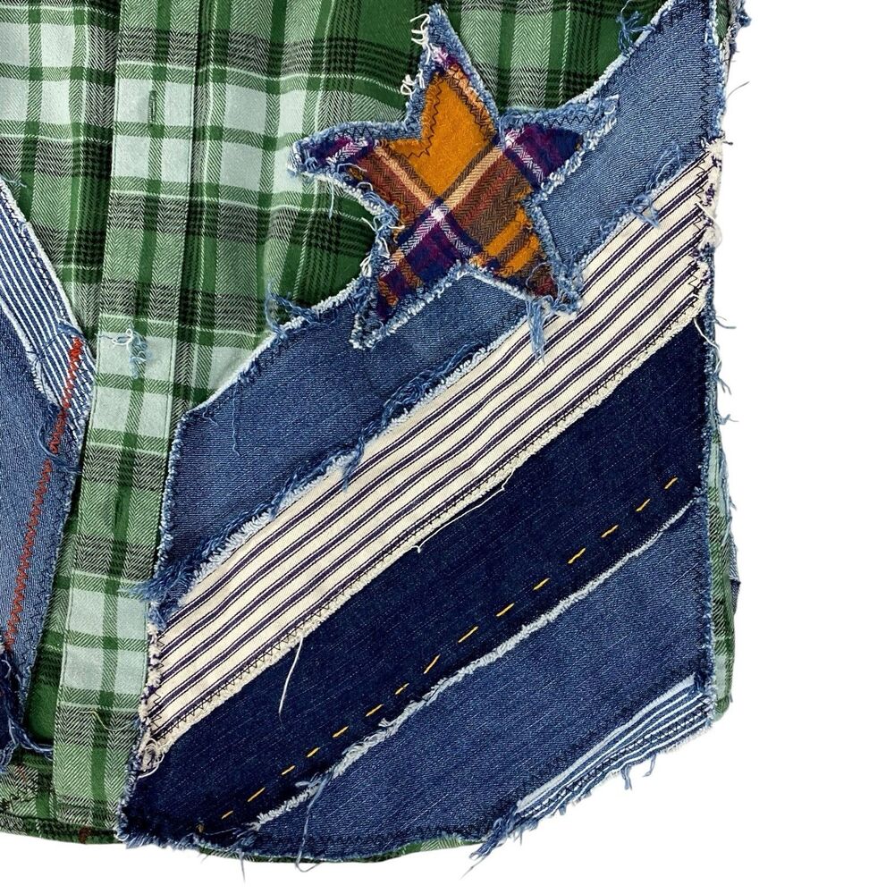 Upcycled Flannel Shirt Shacket Womens Large Alaska Grunge Patchwork Folk Art - Picture 8 of 16